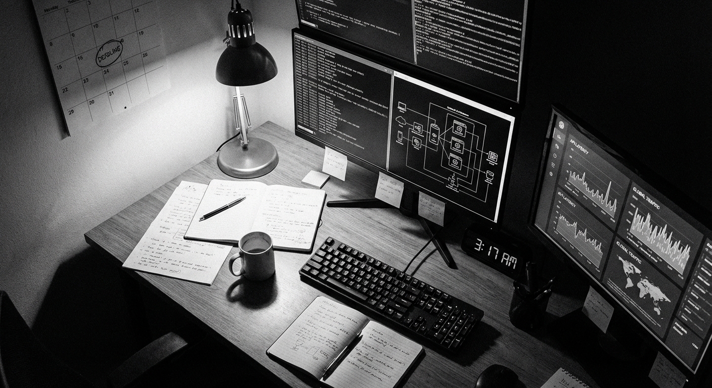 Engineer workstation at 3 AM with multiple monitors